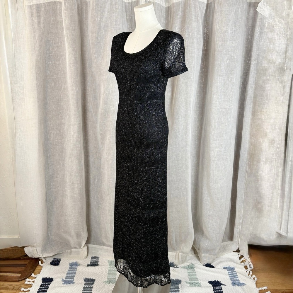 Vintage 90's Black Metallic Lace Maxi Dress Celestial Witchy Whimsigoth Y2K Sz S